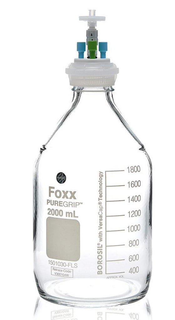 HPLC Solvent Reservoir Bottle Assembly, GL45, 2L Clear, Class VI Polytetrafluoroethylene (PTFE) Adapter,  3 Ports for 3.2mm(1/8") and/or | img_1 | Foxx Life Sciences Global | shopfls.com