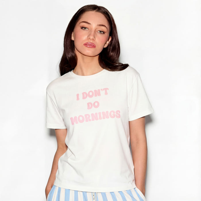 I Don't Do Mornings Tee, womens graphic tee, front view - Slouch Potato Sunday Collection