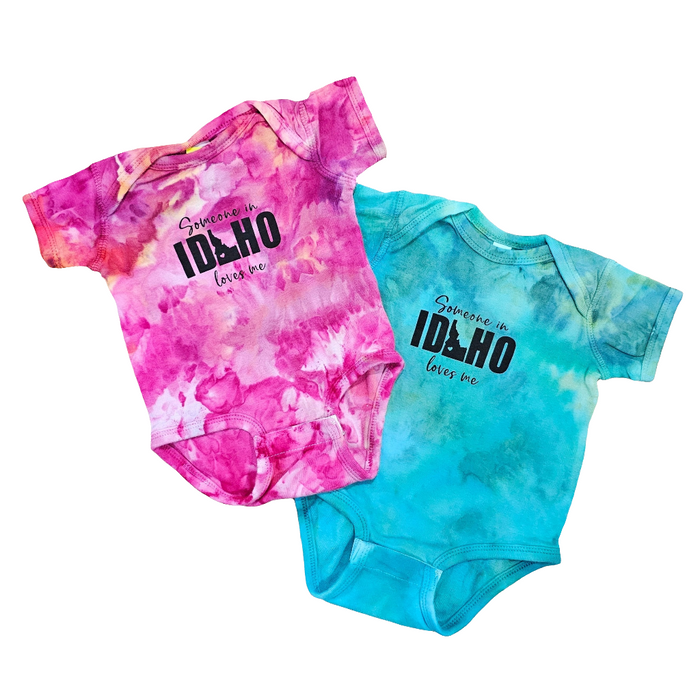 Ice Dyed Someone in Idaho Loves Me onesie, eco-friendly waterbased inks