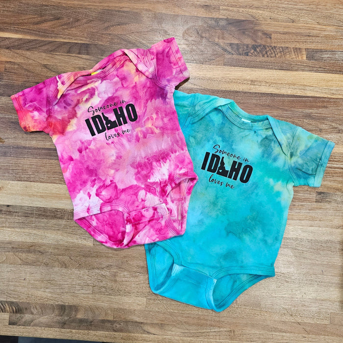 Ice Dyed Someone in Idaho Loves Me onesie, eco-friendly waterbased inks