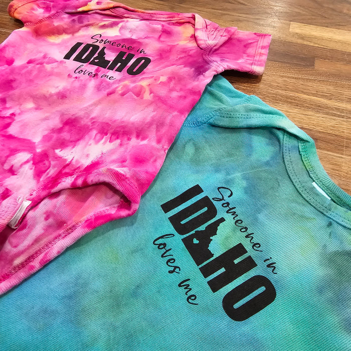 Ice Dyed Someone in Idaho Loves Me onesie, eco-friendly waterbased inks