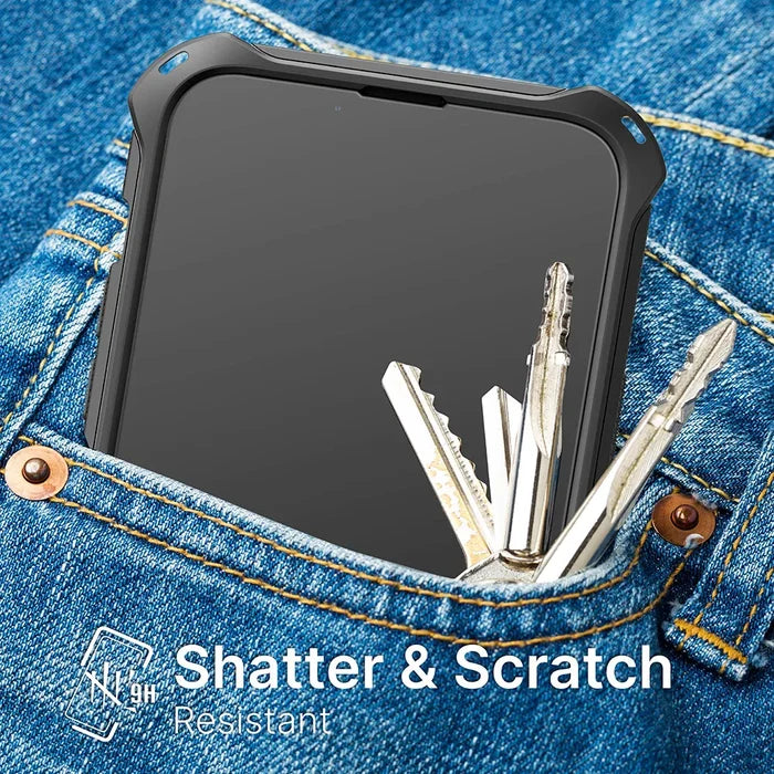 An iPhone 11 Pro Max/Xs Max with a Catalyst Case US Tempered Glass Screen Protector sits in a blue denim jeans pocket beside metal keys. Text below reads “Shatter & Scratch Resistant” with a screen protection icon.