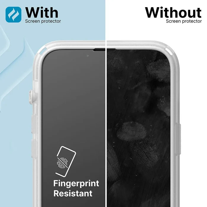 An iPhone 11 Pro Max/Xs Max fitted with the Catalyst Case US Tempered Glass Screen Protector is shown split: the left side ("With Screen Protector") looks clean and fingerprint resistant, while the right ("Without Screen Protector") is smudged.