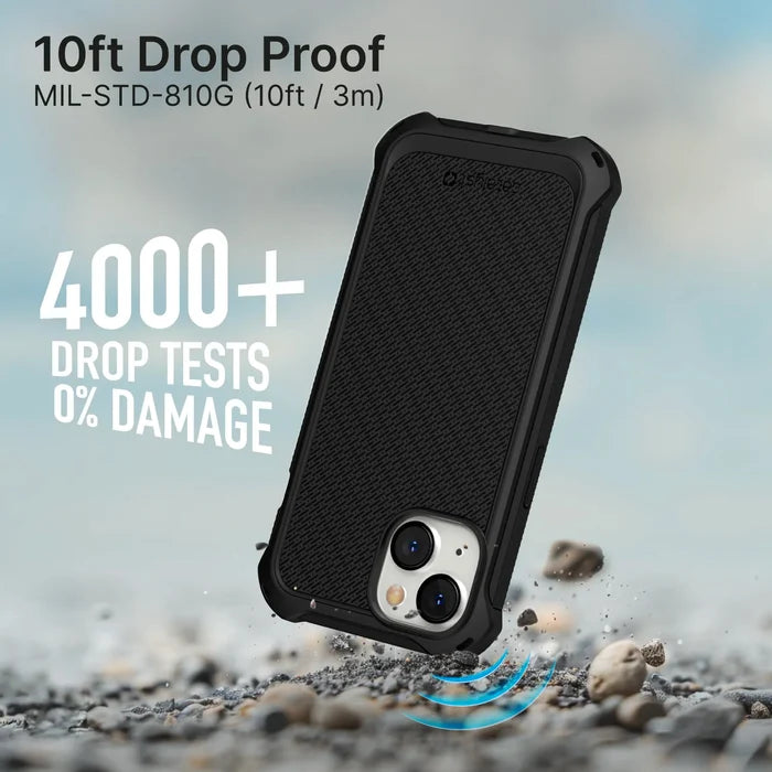 The Catalyst Case US Crux Case for iPhone 16e/14/13, MagSafe compatible, drops onto rocky ground in its rugged black shell. ÃƒÂ¢Ã¢â€šÂ¬Ã…â€œ10ft Drop Proof (3m)ÃƒÂ¢Ã¢â€šÂ¬Ã‚Â and ÃƒÂ¢Ã¢â€šÂ¬Ã…â€œ4000+ Drop Tests 0% DamageÃƒÂ¢Ã¢â€šÂ¬Ã‚Â text appears, with blue lines highlighting the impact.