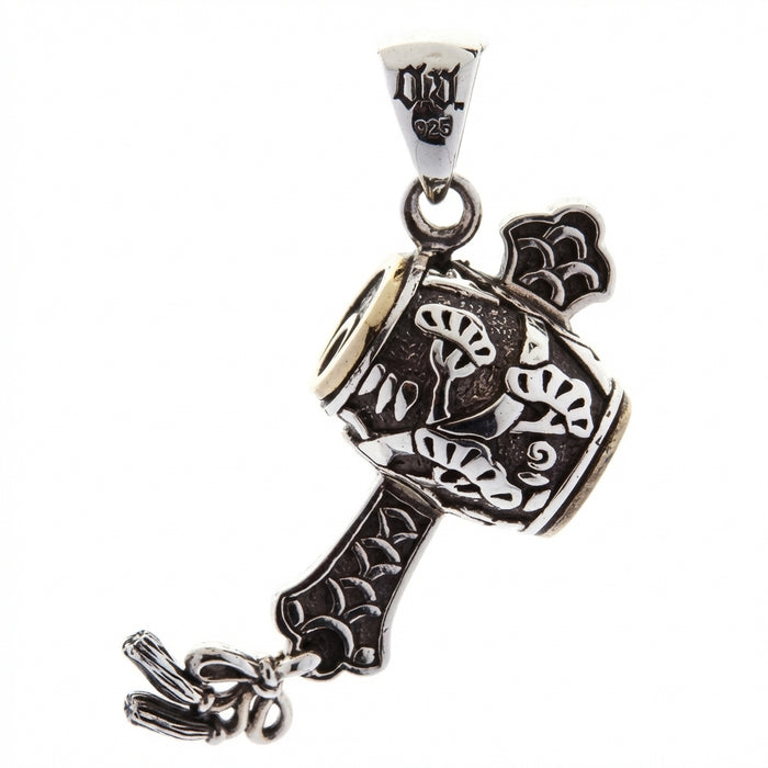 Sterling silver 925 Uchide No Kozuchi wishing mallet pendant with raised pine leaf motifs and oxidized detailing on handle