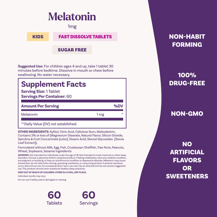 Kids Fast Dissolve Melatonin Tablets, 1mg (Blue Razz Flavor)