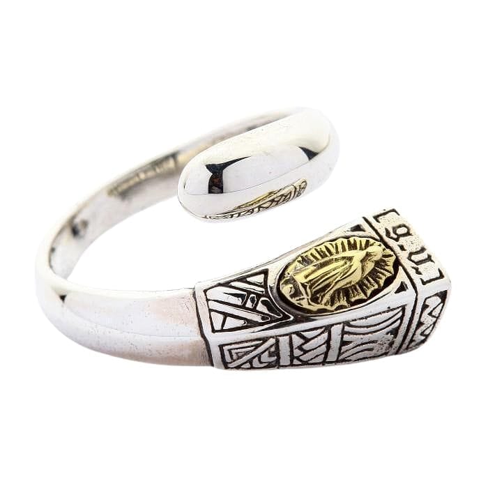 Handcrafted Our Lady of Guadalupe adjustable ring in sterling silver and brass.