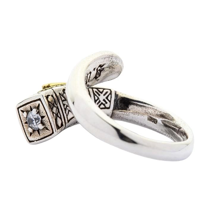 The end of the adjustable religious ring, showing the clear CZ stone accent.