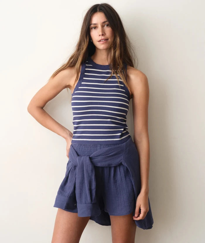 Lexi Rib Sun-In High Neck Crop Tank - Bay Blue & White Stripe - Molly + Kate