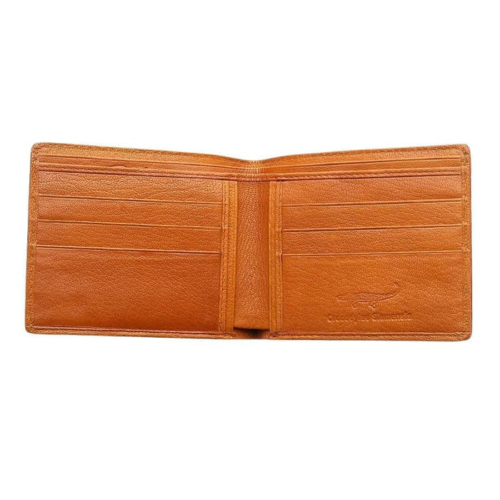 The open interior of the tan crocodile wallet, showing the ten card slots and bill compartments.