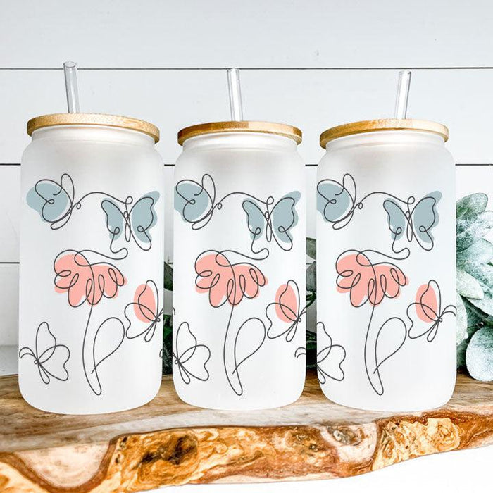 Line Art Butterfly Garden Frosted Glass Tumbler Libby Soda Can