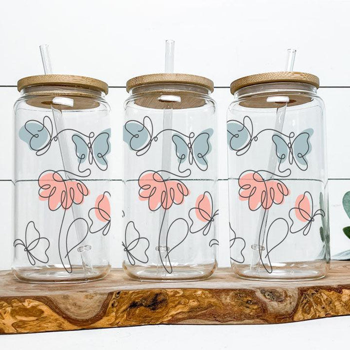 Line Art Butterfly Garden Frosted Glass Tumbler Libby Soda Can