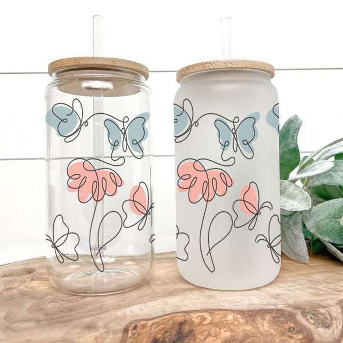 Line Art Butterfly Garden Frosted Glass Tumbler Libby Soda Can