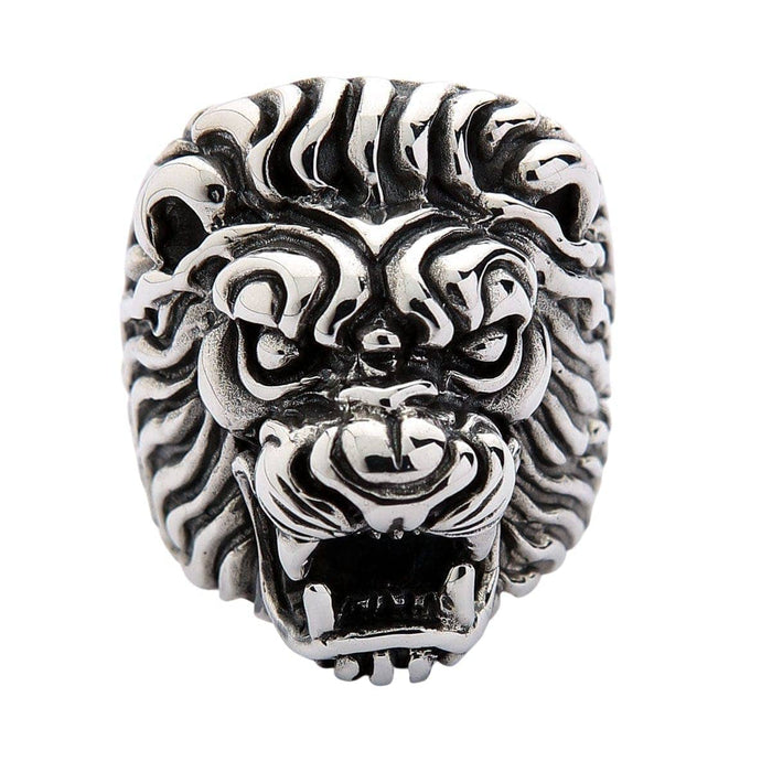 A prime example of premium biker jewelry: a solid silver lion head statement ring for men.