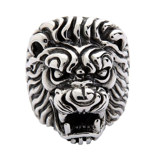 A prime example of premium biker jewelry: a solid silver lion head statement ring for men.