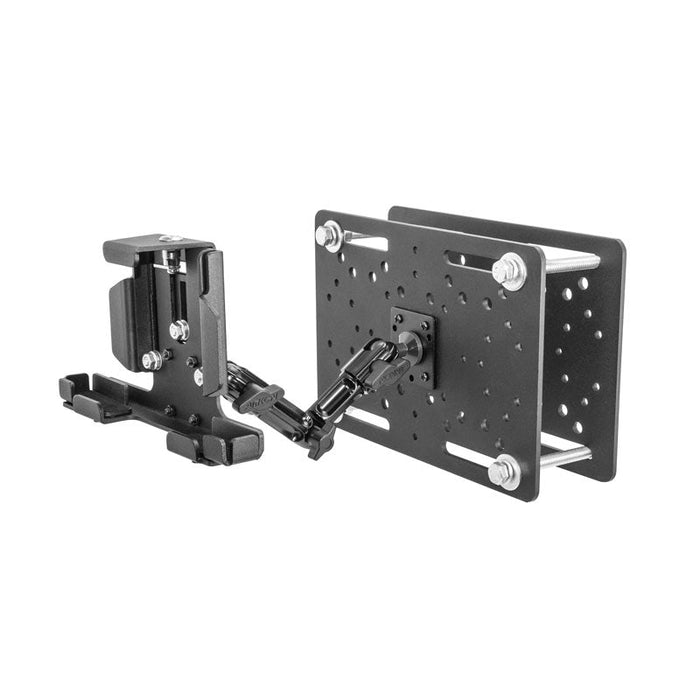 The LockVise™ Metal Locking Overhead Guard Tablet Mount with Multi-Pivoting Arm features multiple slots and holes, a central hinge arm, and dual plates for securely mounting tablets to flat surfaces on forklifts.