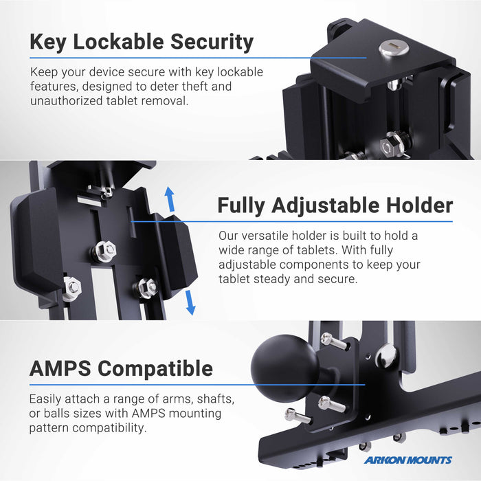 Infographic displaying LockVise™ Metal Locking Overhead Guard Tablet Mount: key lockable security, fully adjustable for various tablets, AMPS compatible for easy mounting—perfect as a forklift tablet holder. Arkon Mounts logo shown at bottom.
