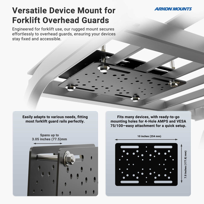 The LockVise™ Metal Locking Overhead Guard Tablet Mount with Multi-Pivoting Arm is shown in black, attached beneath a forklift overhead guard. Labels highlight its adjustable features and AMPS/VESA device compatibility.