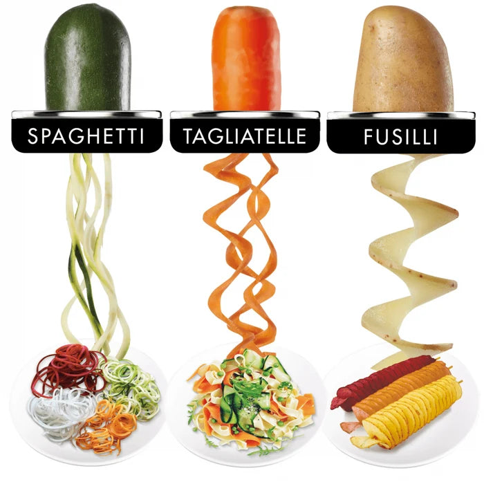 Different vegetables shown with different cuts, including: spaghetti, tagliatelle, and fusilli
