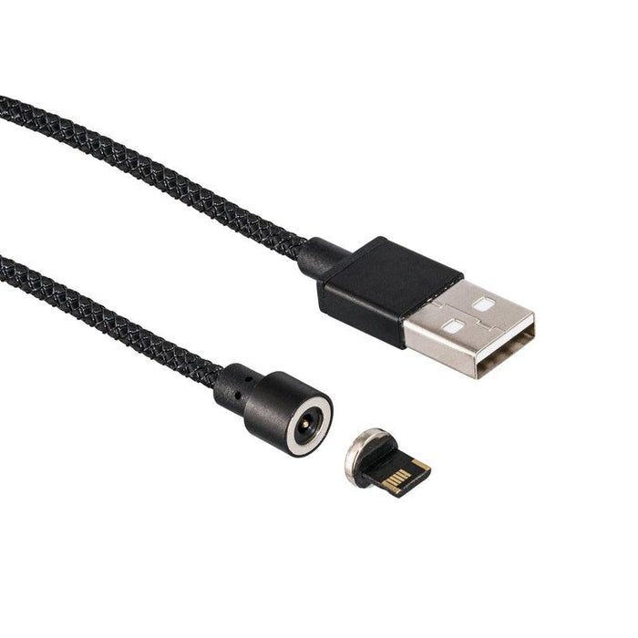A Magnetic USB to Lightning Charge Cable in black braided style is displayed detached, with a small removable micro-USB adapter placed next to the cable ends.