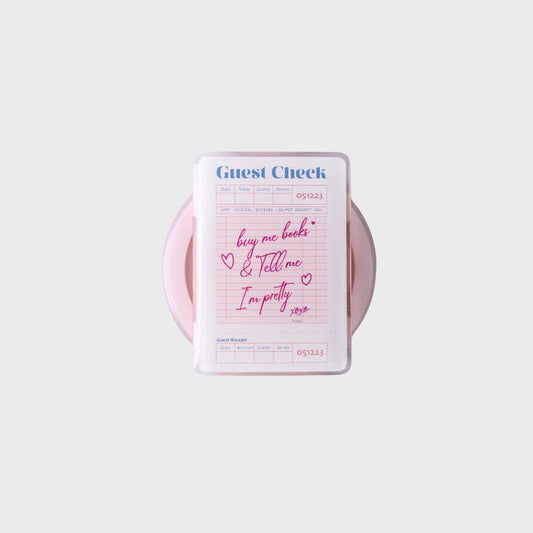 Guest check with pink text on a white background
