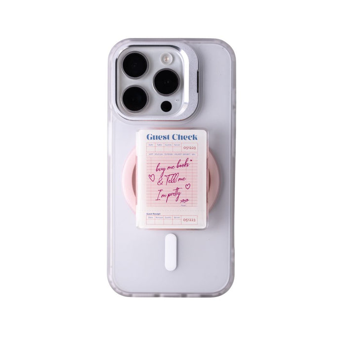 Phone case with a pink stand and guest check card holder on a white background