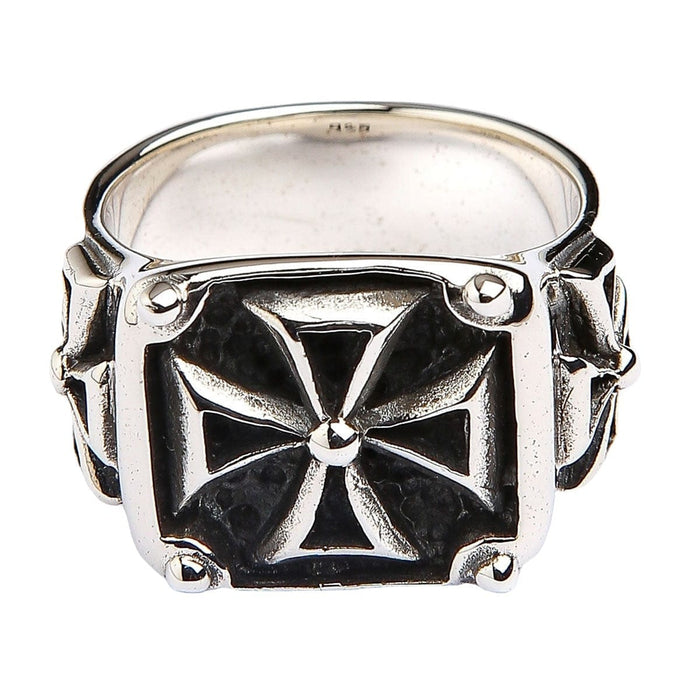 A classic biker cross ring featuring the iconic Maltese cross in a heavy, solid silver signet style.