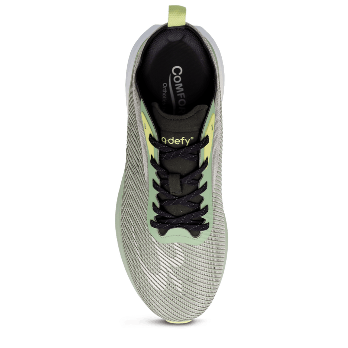 Grey mesh g-defy running shoe with light green accents, black laces, and neon yellow details, top view.