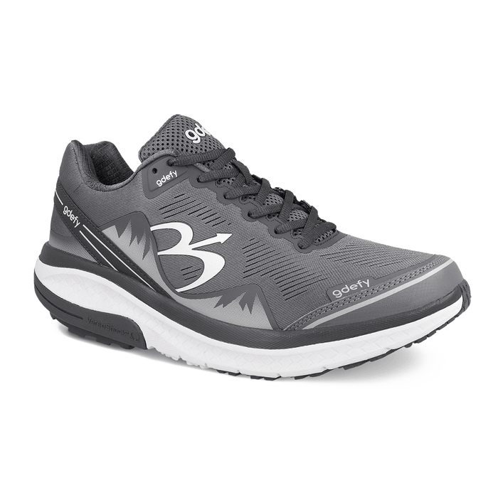 Dark grey GDefy Mighty Walk running shoe with white sole and mesh upper, featuring light grey accents.