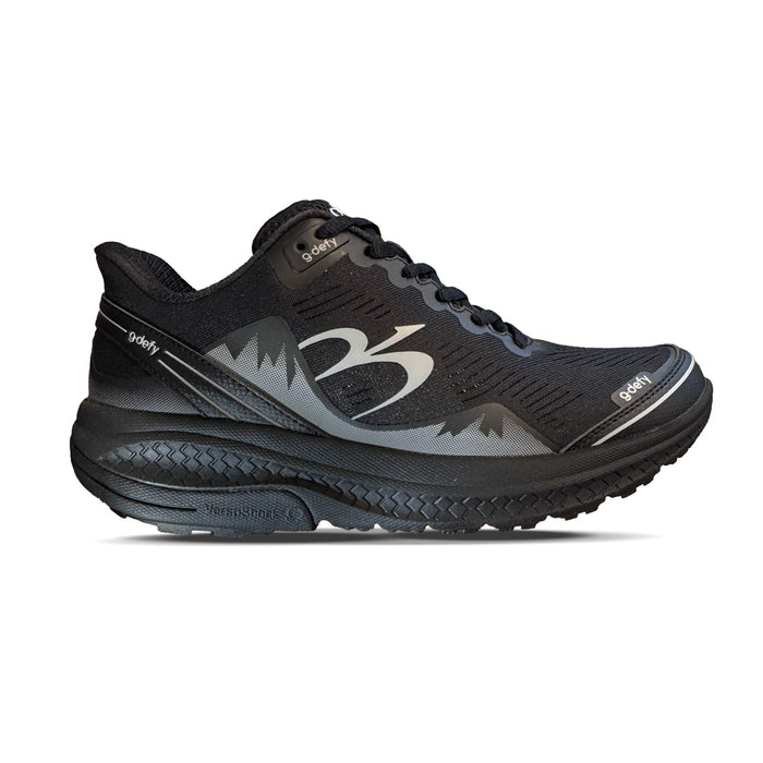 Black athletic shoe with a mesh upper, silver GDefy logo on the side, and a thick textured sole.