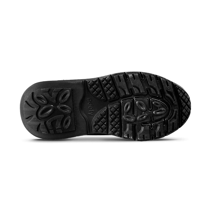Black shoe sole featuring a robust textured rubber grip pattern for traction, with the "odetly" brand name.