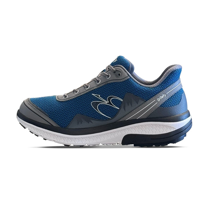 Blue and gray mesh athletic shoe with white logo and "g-defy" text on the side, white midsole, and black outsole.