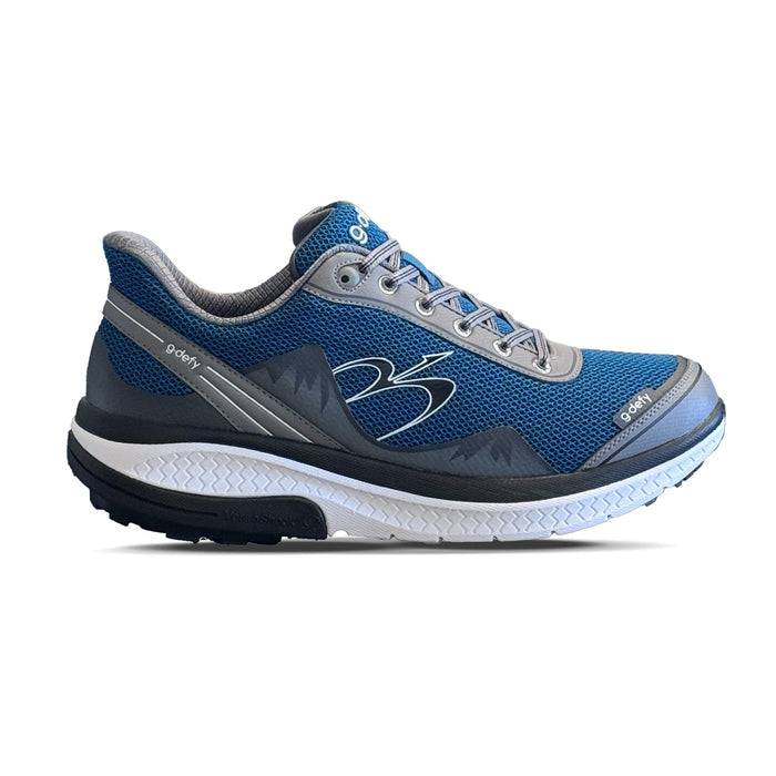 Blue and grey g-defy running shoe with breathable mesh upper, grey accents, and a supportive white and black sole.