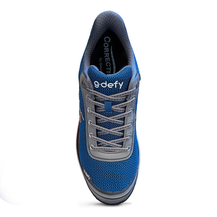 Blue and gray mesh athletic shoe with gray laces and "g-defy" logo, viewed from the top.