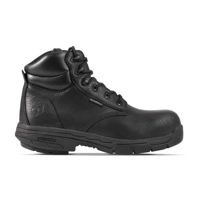 Black leather waterproof work boot with a mid-height design, lace-up front, and reinforced safety toe.