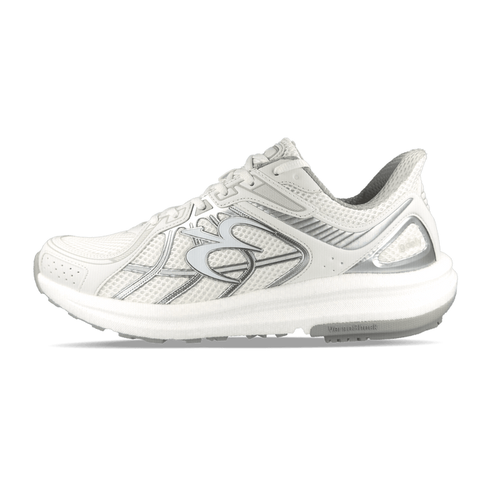 White running shoe with mesh upper and silver accents, featuring a thick white VersoShock sole, shown from the side.