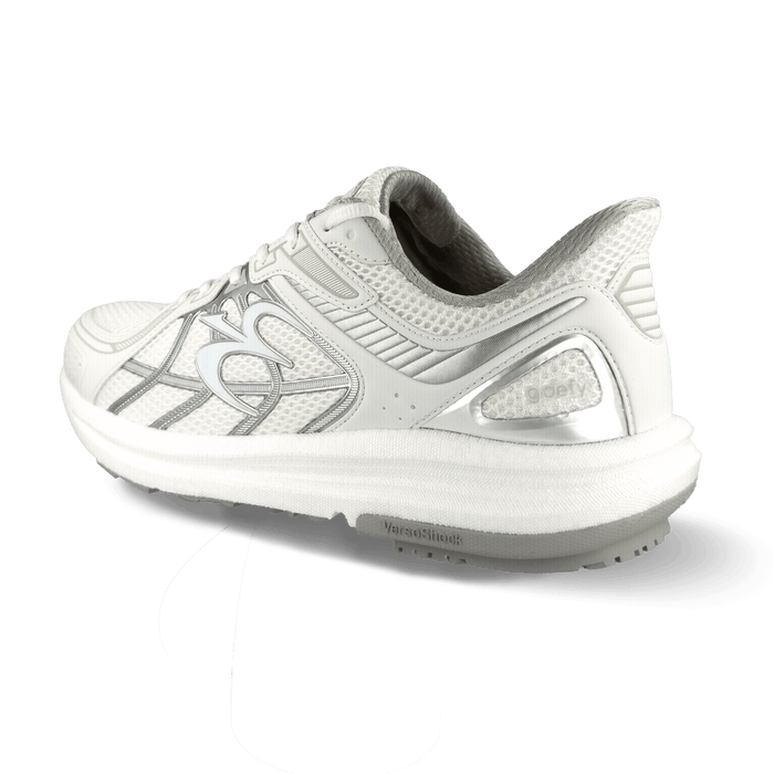 White and silver athletic shoe featuring a mesh upper and a chunky VersoShock sole, viewed from the back.