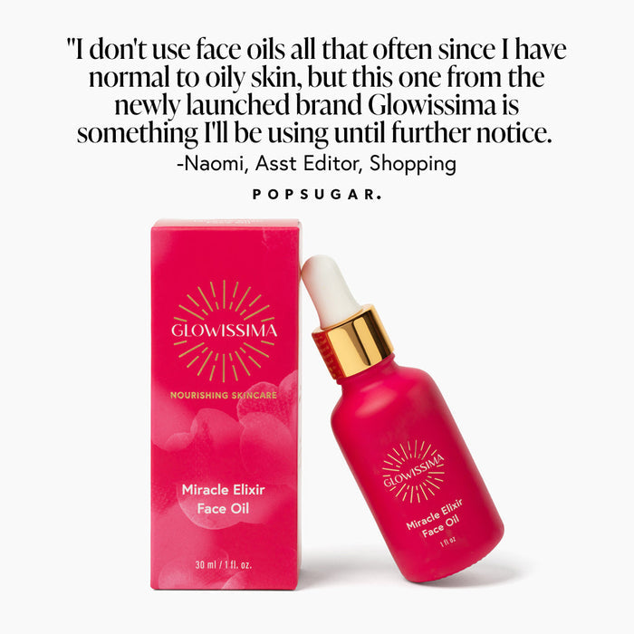 Glowissima Miracle Elixir Face Oil with packaging on a white background, featuring a quote from Popsugar.