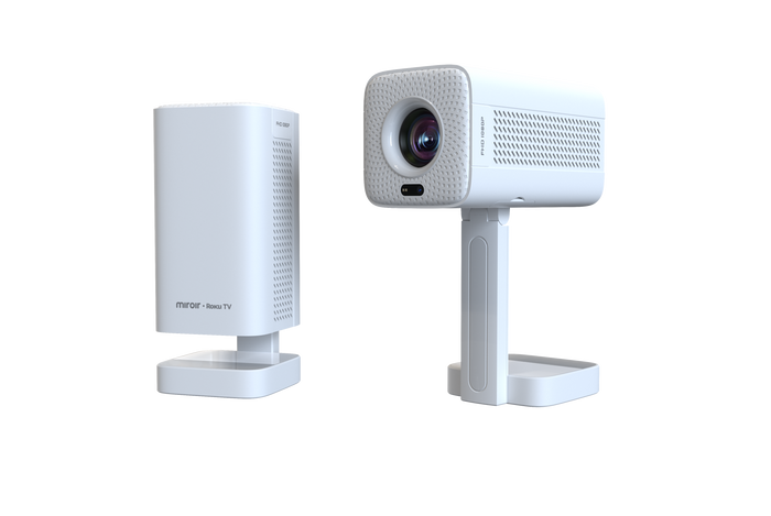Two white electronic devices on a white background