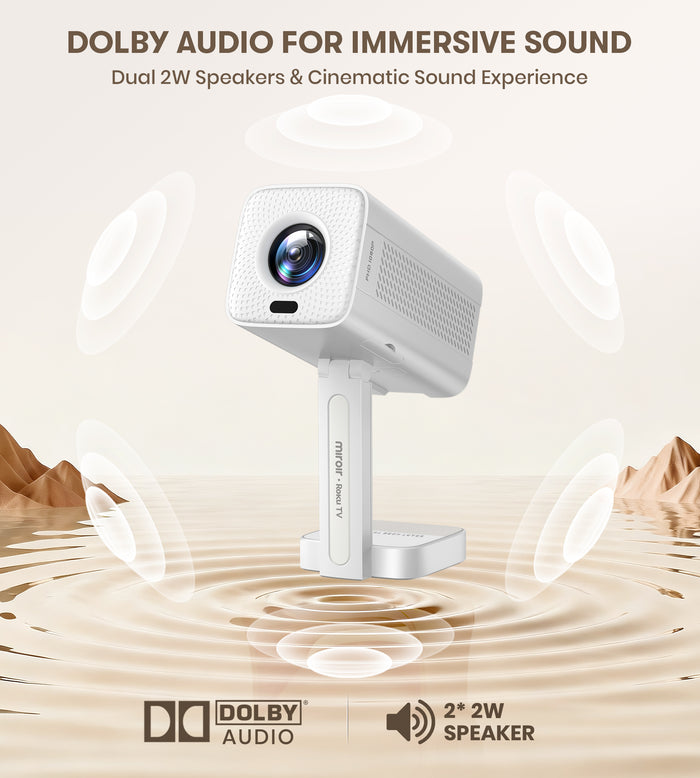 White camera with Dolby audio feature on a beige background
