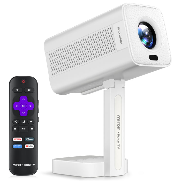 White projector with remote control on a white background