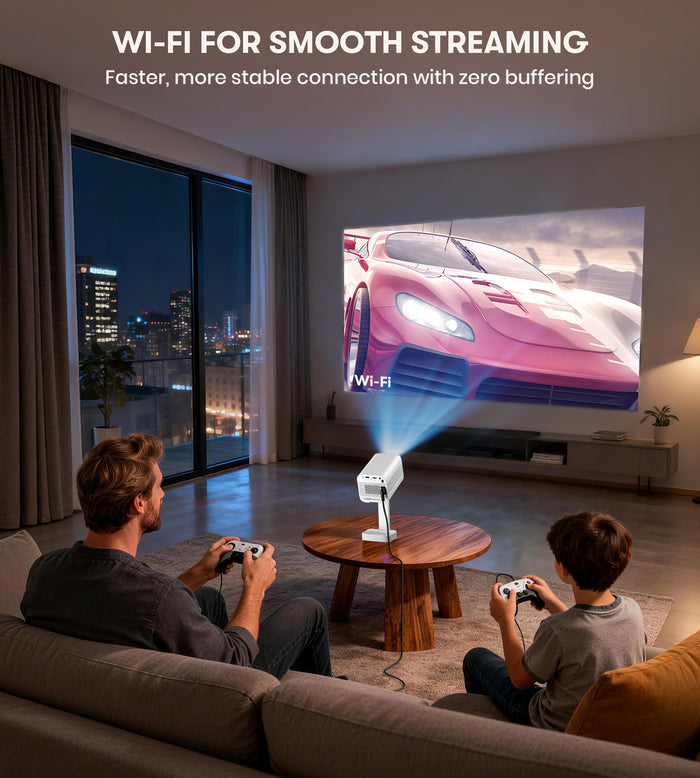 Two people playing video games with a projector displaying a racing game in a living room.