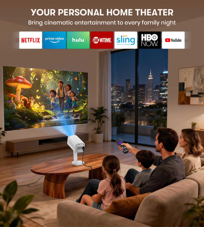 Family watching a movie on a large screen in a living room with a projector and multiple streaming service logos.