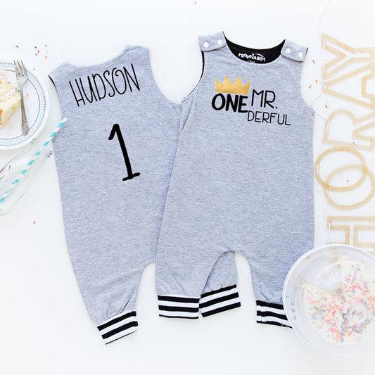 Mr. Onederful First Birthday Romper with Striped Cuff