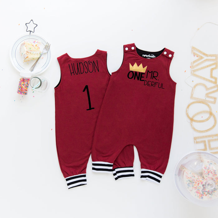 Mr. Onederful First Birthday Romper with Striped Cuff