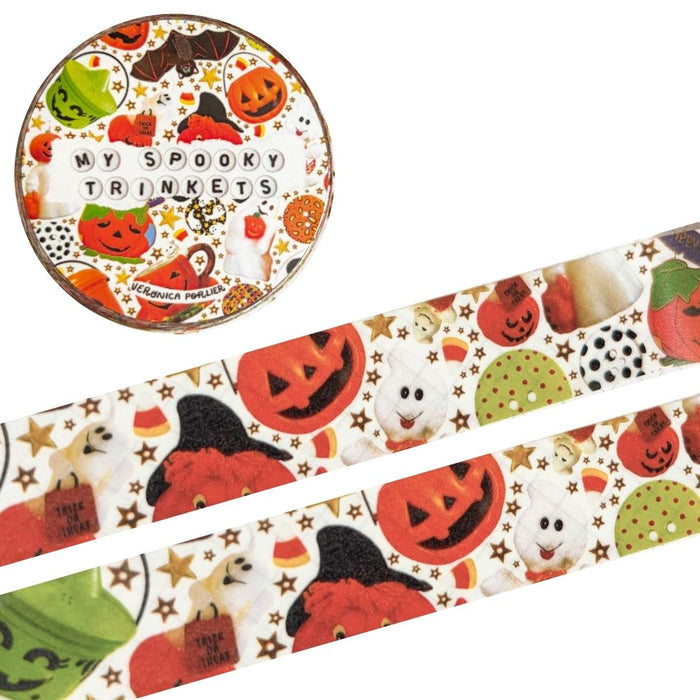 Washi tape featuring spooky Halloween designs from Veronica Porlier Illustrations, colorful and decorative for crafting or decorating.
