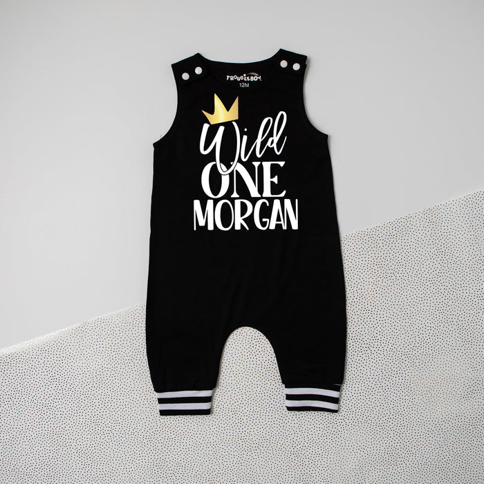 New Black "Wild One" 1st Birthday Romper with Striped Cuff