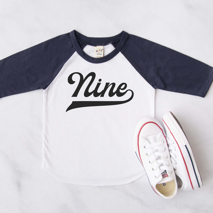 "Nine" 9th Birthday Personalized Baseball Raglan