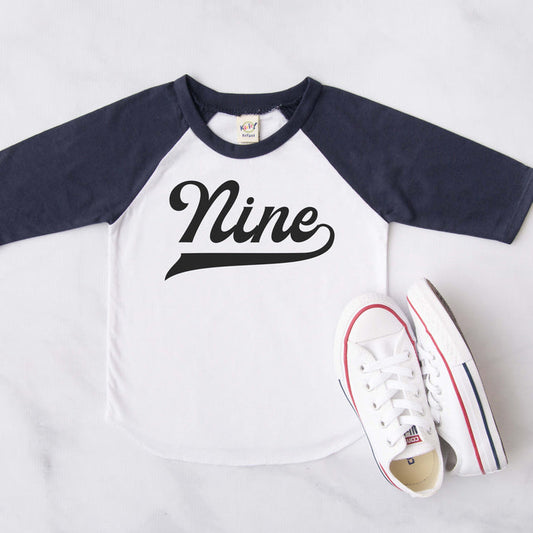 "Nine" 9th Birthday Personalized Baseball Raglan