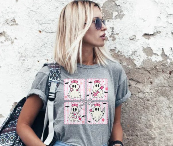 Halloween nurse graphic tee with ghost nurses illustration